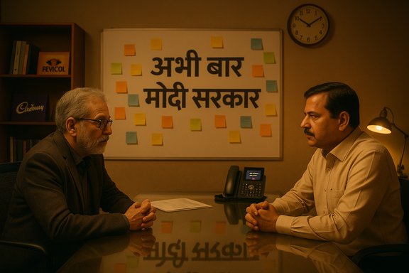Two men sit across a desk in a dim office, under a board reading Abhi Baar Modi Sarkaar.