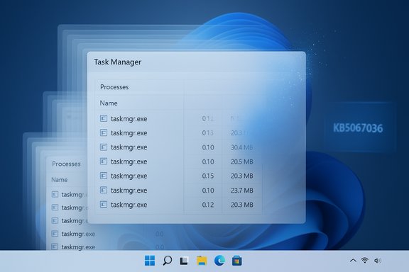 Windows Task Manager windows layered over a blue Windows desktop.