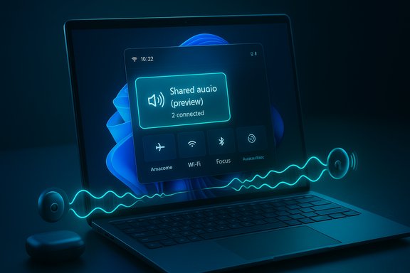 Laptop screen displays a Shared Audio (preview) panel with 2 connected devices and glowing audio waves.