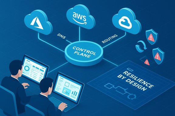 Illustration of a cloud control plane linking DNS, AWS, and routing for resilience by design.