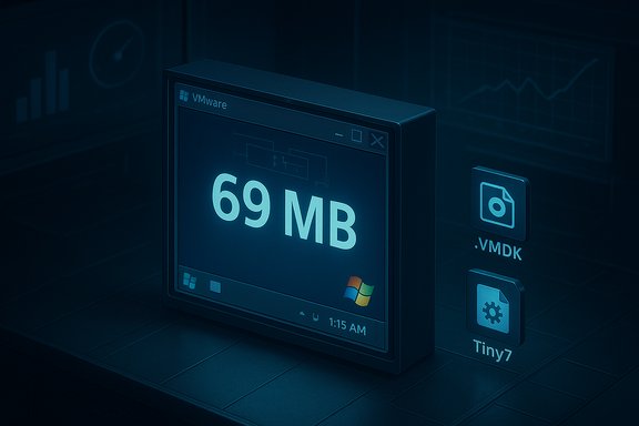 A vintage Windows VM window shows 69 MB, with .VMDK and Tiny7 icons nearby.