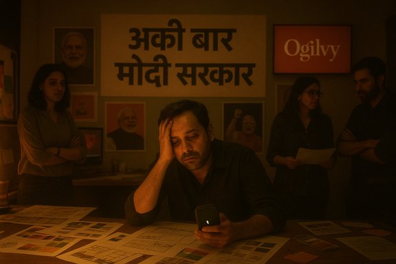 A tired man sits at a dimly lit desk, staring at his phone amid political posters.