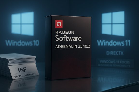 Radeon Adrenalin 25.10.2 software box on a reflective surface with Windows 10 and 11 logos in the background.