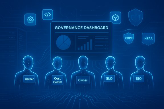 Blue, futuristic governance dashboard showing labeled silhouettes for Owner, Cost Center, SLO and ISO.