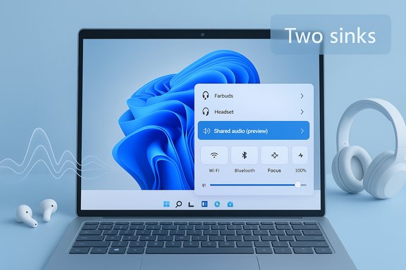 A laptop shows a blue Windows-style audio settings panel with headphones and earbuds nearby.