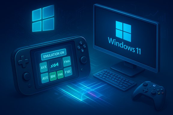 Windows 11 gaming setup with a handheld emulation console and a desktop monitor.