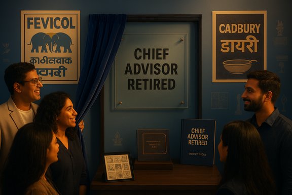 A group of people admires a display titled Chief Advisor Retired, framed by vintage posters.