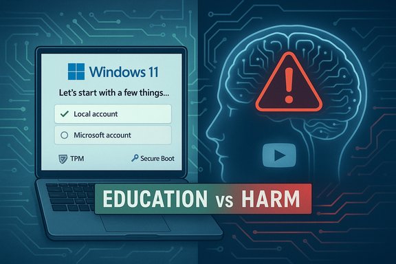 Windows 11 setup on the left, a brain with a warning triangle on the right, captioned “Education vs Harm.”