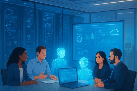 Diverse team discusses data analytics with glowing AI robots in a high-tech server room.