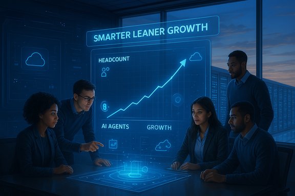 A diverse team reviews a blue holographic growth chart in a futuristic conference room.