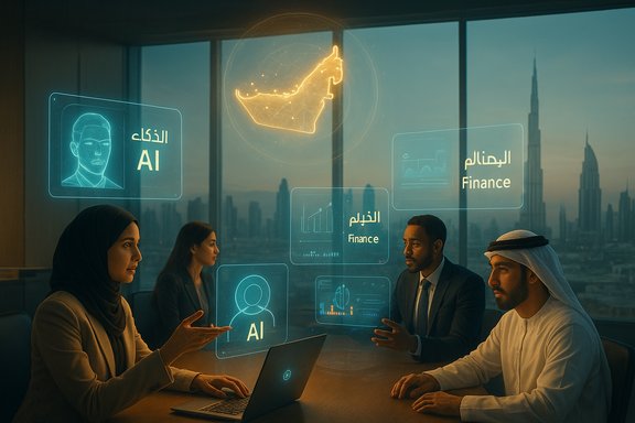 A diverse team in a Dubai office reviews AI and finance with holographic data displays.