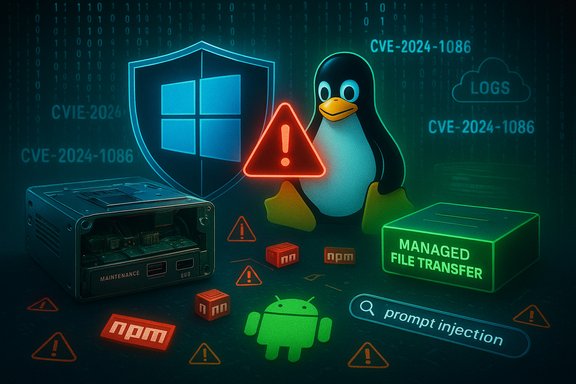 Cybersecurity illustration: Linux penguin, Windows shield, warning icons, and prompt-injection concept.