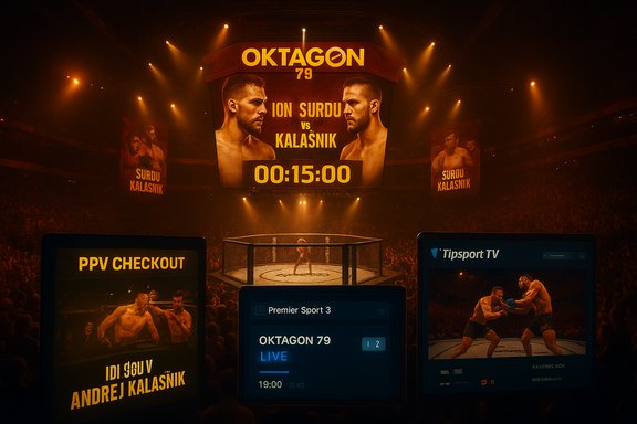 Octagon 79 MMA event: giant screen shows Ion Surdu vs Kalasnik countdown as fans fill a packed arena.