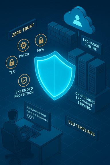 Zero-trust security illustration featuring a glowing shield, cloud, and Exchange servers.