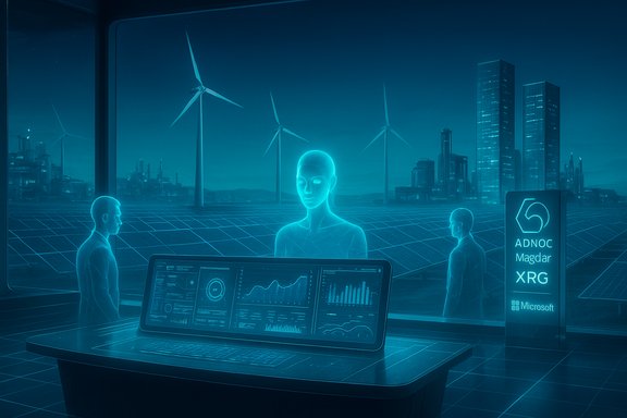 Futuristic control room with holographic humans and a data dashboard, overlooking wind turbines.