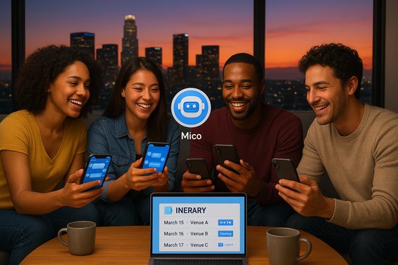 Four friends grin and use smartphones together at sunset, with a Mico logo centered.