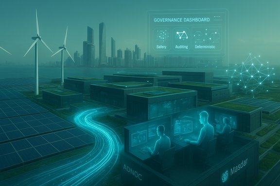 Futuristic eco-city featuring solar farms, wind turbines, and a holographic governance dashboard.