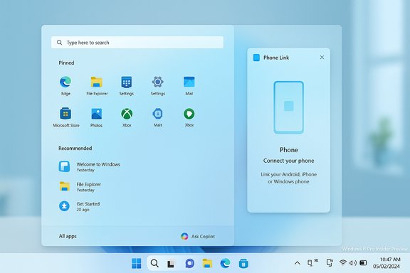 Windows-style start menu with pinned apps and a Phone Link panel on a blue background.