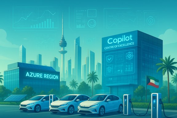 A futuristic cityscape with Azure Region and Copilot Centre of Excellence, as electric cars charge nearby.