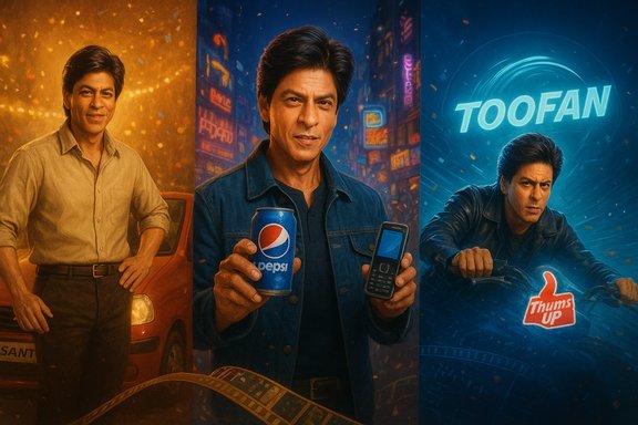 Three-panel Toofan poster featuring the lead actor in different outfits, holding a Pepsi can and riding a bike.