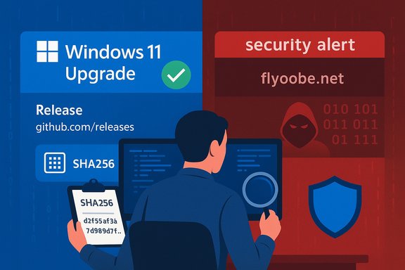A person studies Windows 11 upgrade details on blue side beside a red security alert.