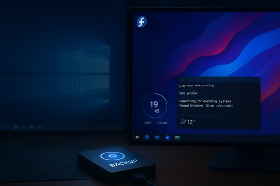A dark desk setup with a BACKUP drive connected to a Windows PC and a time widget on the screen.