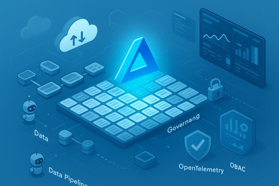 Blue isometric illustration of data pipelines, cloud sync, governance, and telemetry around a glowing AI triangle.