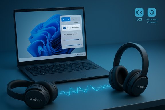 Laptop with blue screen and two LE Audio headphones, connected to a glowing audio waveform.