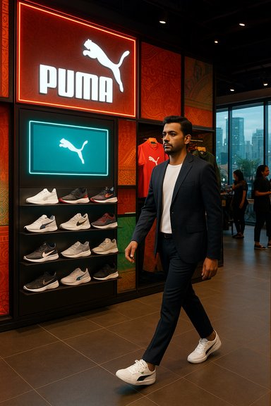 Man in a suit walks past a Puma shoe display inside a trendy store.