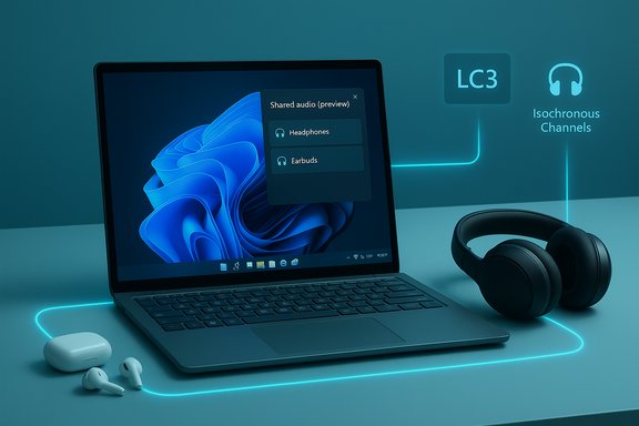 Laptop screen displays a Shared audio panel (Headphones, Earbuds) with wireless headphones nearby.