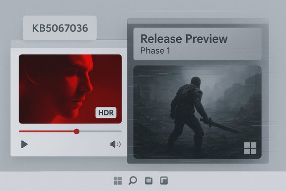 Futuristic media dashboard: HDR red portrait on the left, Release Preview Phase 1 image on the right.
