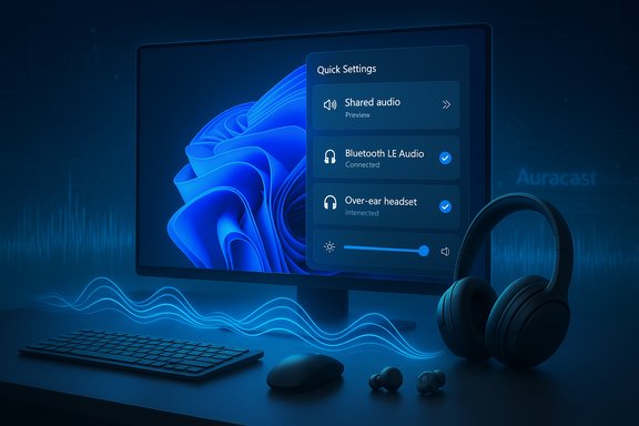 Blue-lit desktop setup with wireless headphones and a monitor showing Bluetooth audio settings.