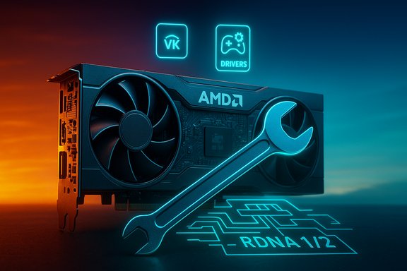 AMD GPU with a glowing wrench and RDNA 2 circuit design, highlighting drivers.