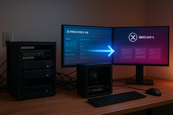 A desktop server setup with two monitors showing Proxmox VE migrating to XenOrseira.