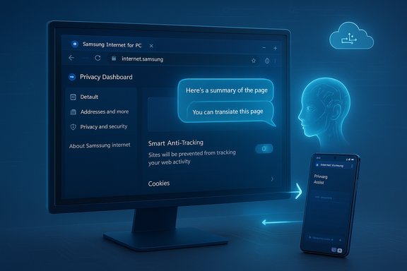 Blue-hued illustration of a monitor and smartphone showing a privacy dashboard with anti-tracking.