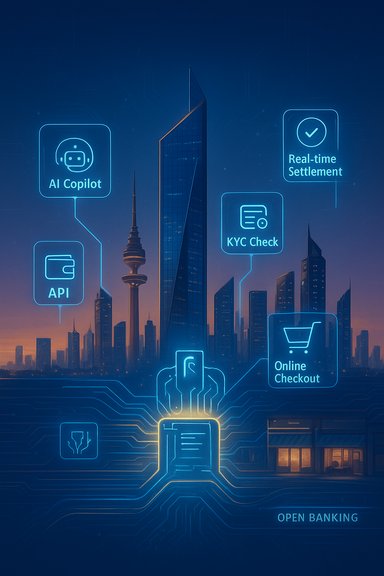Futuristic city skyline with glowing blue holographic icons for AI Copilot, API, KYC, and online checkout.