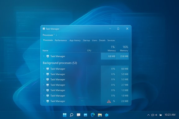 Windows Task Manager open on a blue Windows desktop, showing processes and memory usage.