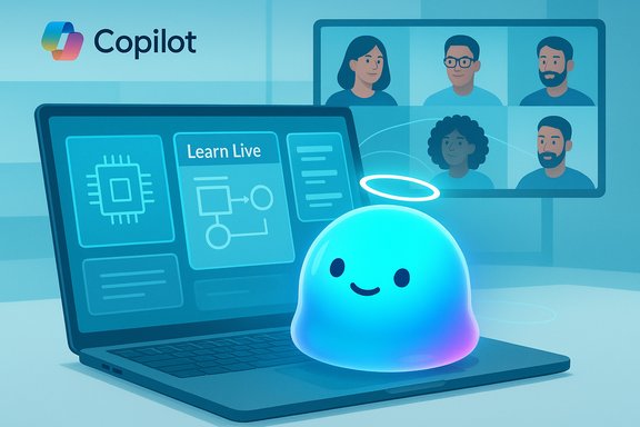 Copilot branding with a friendly AI avatar on a laptop, Learn Live screen, and a video call in the background.