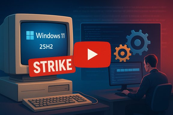 Retro computer shows Windows 11 25H2 with a bold 'STRIKE' banner as a coder works at their monitor.