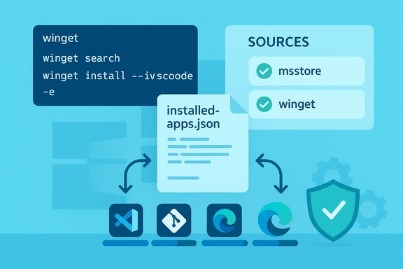 Infographic showing winget usage: search, install; sources msstore/winget and installed-apps.json.