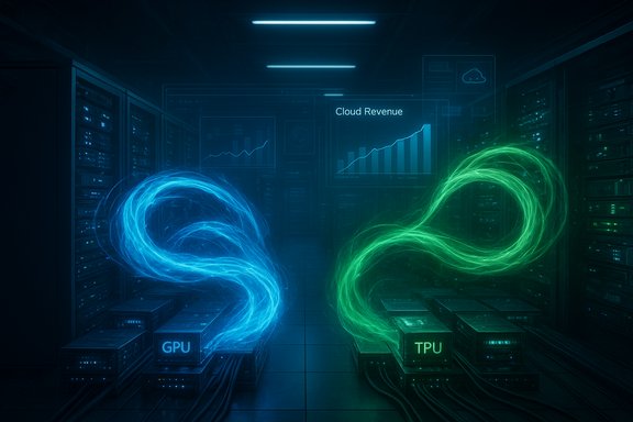 Blue GPU and green TPU streams swirl through a data center beside a cloud revenue chart.