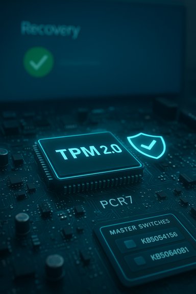 A TPM 2.0 security chip on a motherboard bathed in a blue glow.