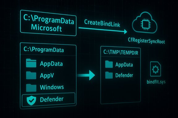 Diagram of Windows Defender data flow from local C:\ProgramData to cloud via CreateBindLink and bindflt.sys.
