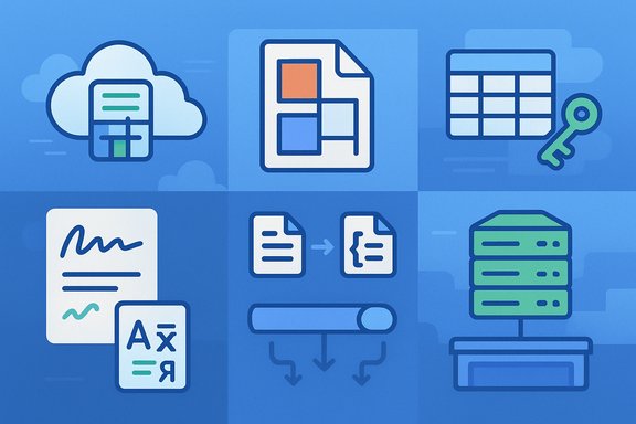 Blue infographic showing cloud storage, documents, forms, and servers.