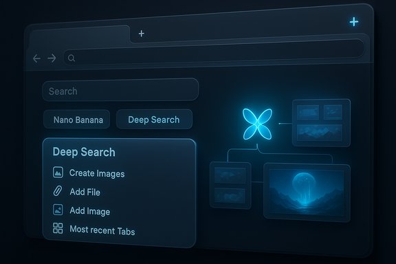 A futuristic dark blue UI with a glowing butterfly icon and deep search panels.
