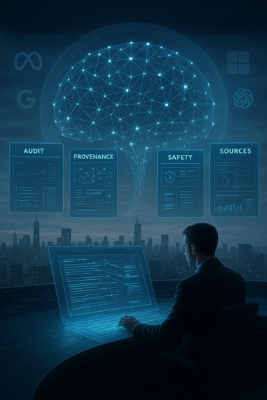 An analyst at a futuristic desk analyzes holographic data while a glowing neural network hovers over a city skyline.