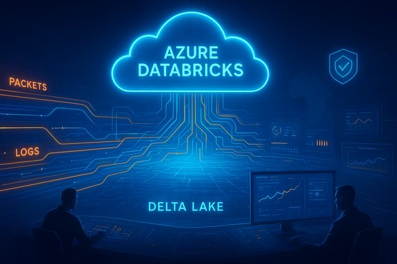 Neon blue cloud labeled 'AZURE DATABRICKS' hovers above glowing circuits and Delta Lake visuals.