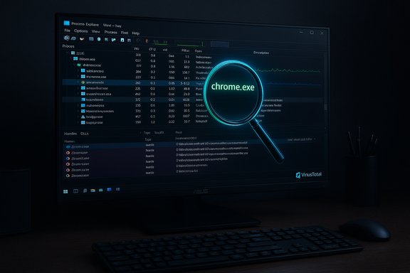 Neon magnifying glass hovers over 'chrome.exe' in a dark process monitor.