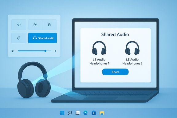 Laptop shares audio with two LE Audio headphones in a blue UI illustration.
