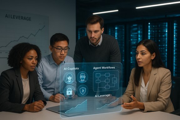 A diverse team reviews a holographic AI dashboard on AI Copilots and Agent Workflows.